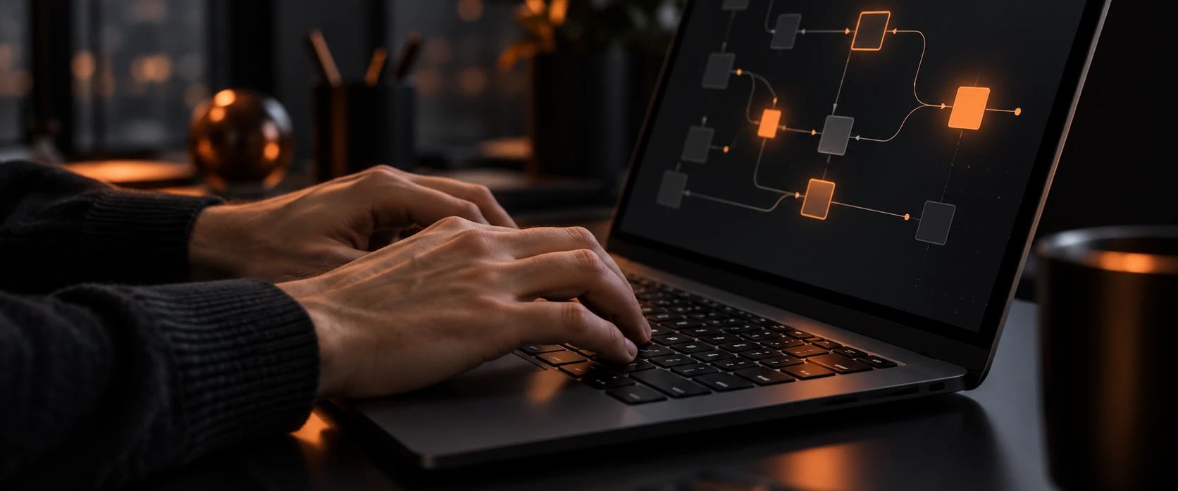 Mãos digitando num notebook que mostra um fluxo de automação na tela.