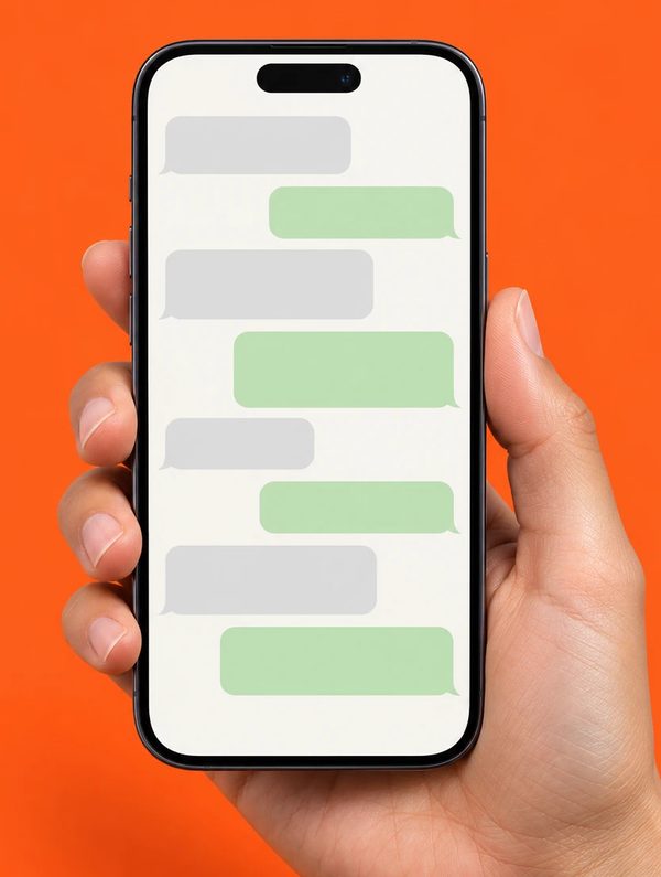 Mão segurando um celular com uma conversa de mensagens na tela.