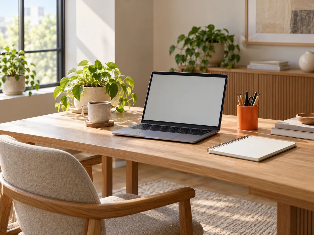 Mesa de trabalho iluminada com notebook, caderno, caneca de café e plantas.