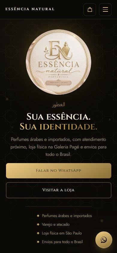 Página inicial do site da Essência Natural no celular.