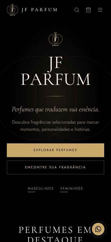 Página inicial do site da JF Parfum no celular, com os botões Explorar perfumes e Encontre sua fragrância um abaixo do outro.