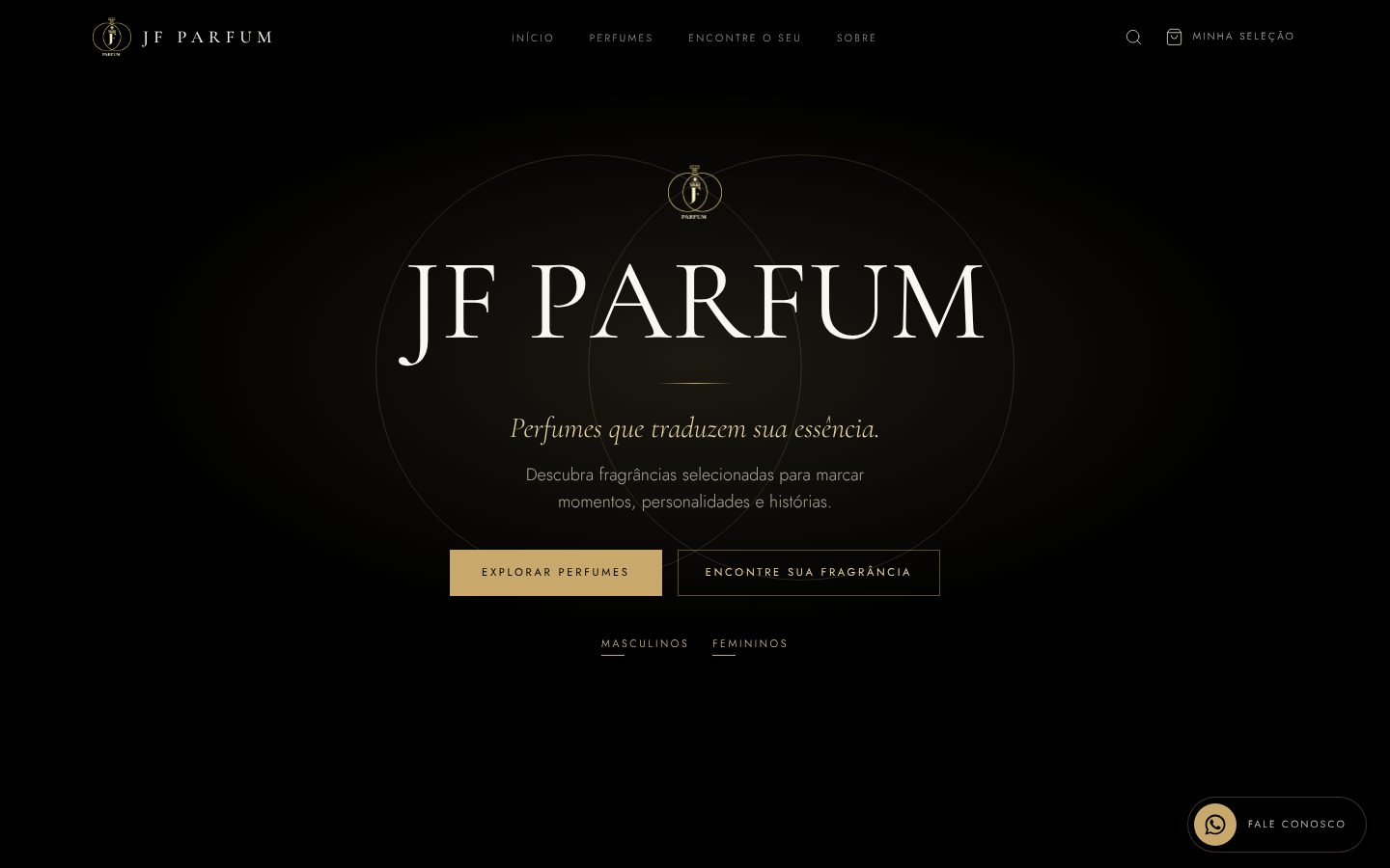 Página inicial do site da JF Parfum no computador: fundo preto, o nome da loja em letras grandes e os botões Explorar perfumes e Encontre sua fragrância.