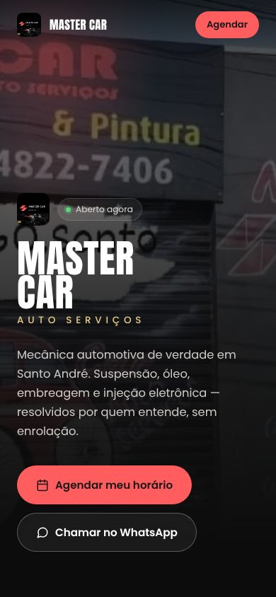 Página inicial do site da Master Car Auto Serviços no celular, com os botões Agendar meu horário e Chamar no WhatsApp.